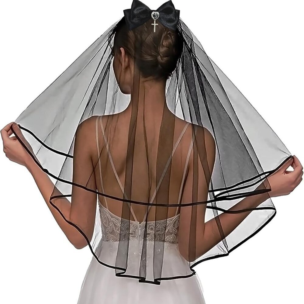 Black Tulle Veil with Satin Bow Cross for Weddings & Bachelorette Parties